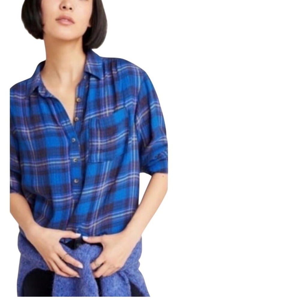 Anthropologie Pilcro Blue Plaid Tunic Shirt Women's Size S Long Sleeve Button Up